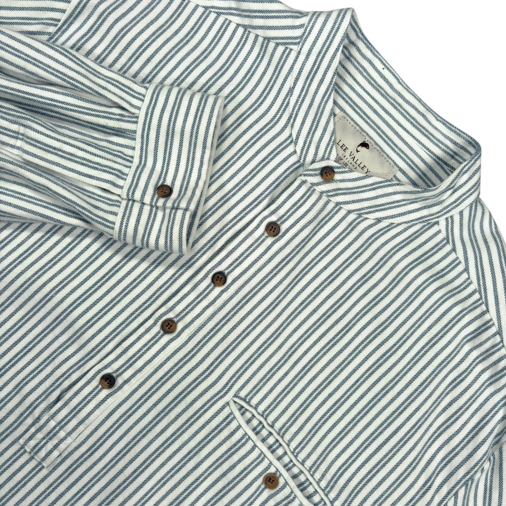 Lee Valley Flannel Popover Shirt Mens XXL White Blue Striped Grandfather Collar